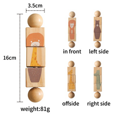 Wooden blocks with animal illustrations and measurements on a white background