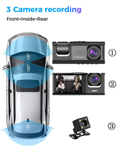 Car dashboard camera system with front, inside, and rear recording capabilities.