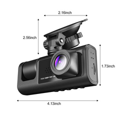 Car dashboard camera with dimensions labeled on a white background