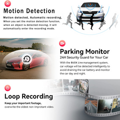 Advertisement for car security system features including motion detection, parking monitor, and loop recording.