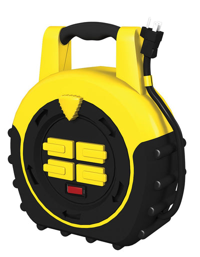 Yellow and black Stanley power cord reel on a white background