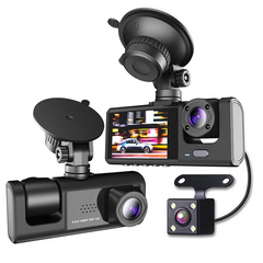 Car dashboard camera system with multiple cameras and a screen on a white background