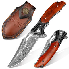 Zingbee Damascus Pocket Knife for Men Women Wood Handle Folding Knife with Sheath 3.15" Damascus Steel Blade Pocket Knives for Outdoor