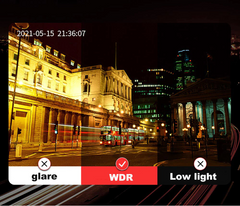 City street at night with illuminated buildings and a bus, showing WDR (Wide Dynamic Range) feature on screen.