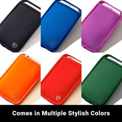 Collage of phone cases in black, blue, purple, orange, red, and green on a white background.