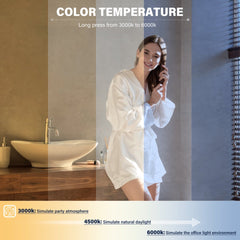Woman in a white robe standing in a bathroom with text about color temperature.