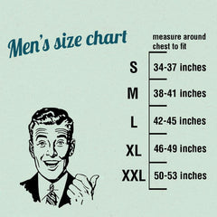 Men's size chart with measurements for chest size on a light green background