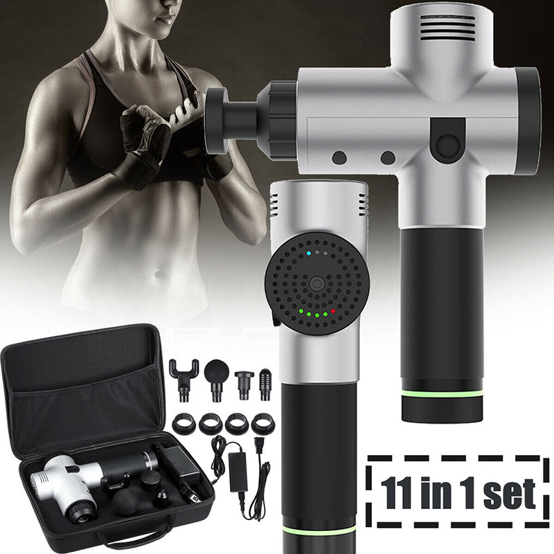 Massage gun with accessories and a woman using it on a dark background