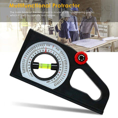 Multifunctional protractor with a background of people working on blueprints.