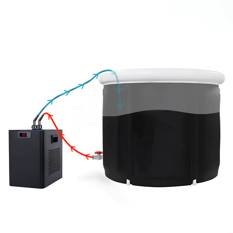 Tub with power cord connection to a power source on a white background