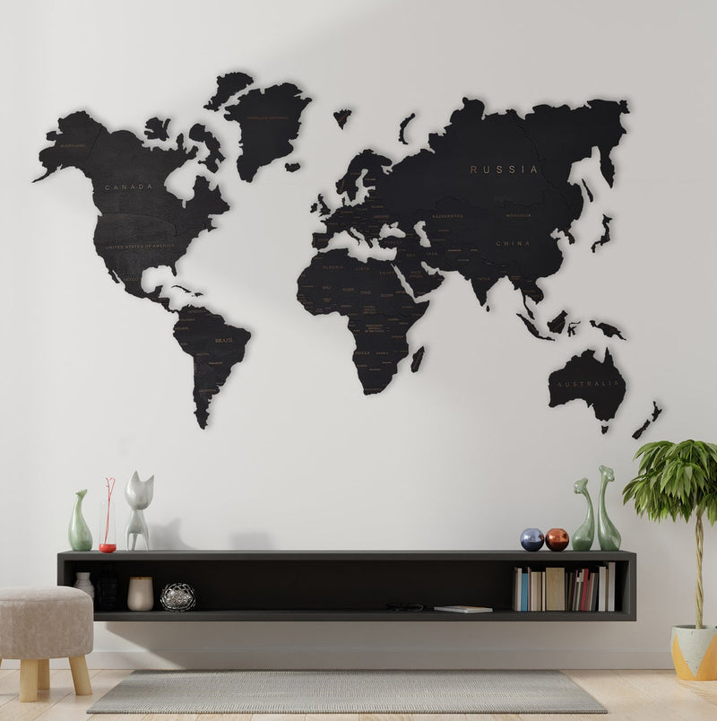 World map wall decoration in a modern living room setting.