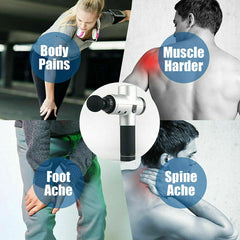 Massage gun with text labels on body parts experiencing pain, including 'Body Pains', 'Muscle Harder', 'Foot Ache', and 'Spine Ache'.