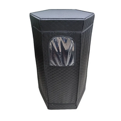 Hexagonal black trash bin with a clear plastic bag inside on a white background