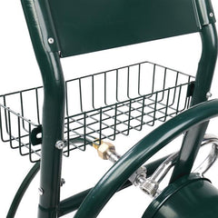 Green garden cart with a wire basket and hose attachment on a white background