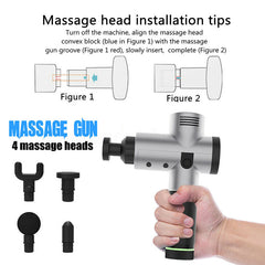 Massage gun with four massage heads and installation tips on a white background