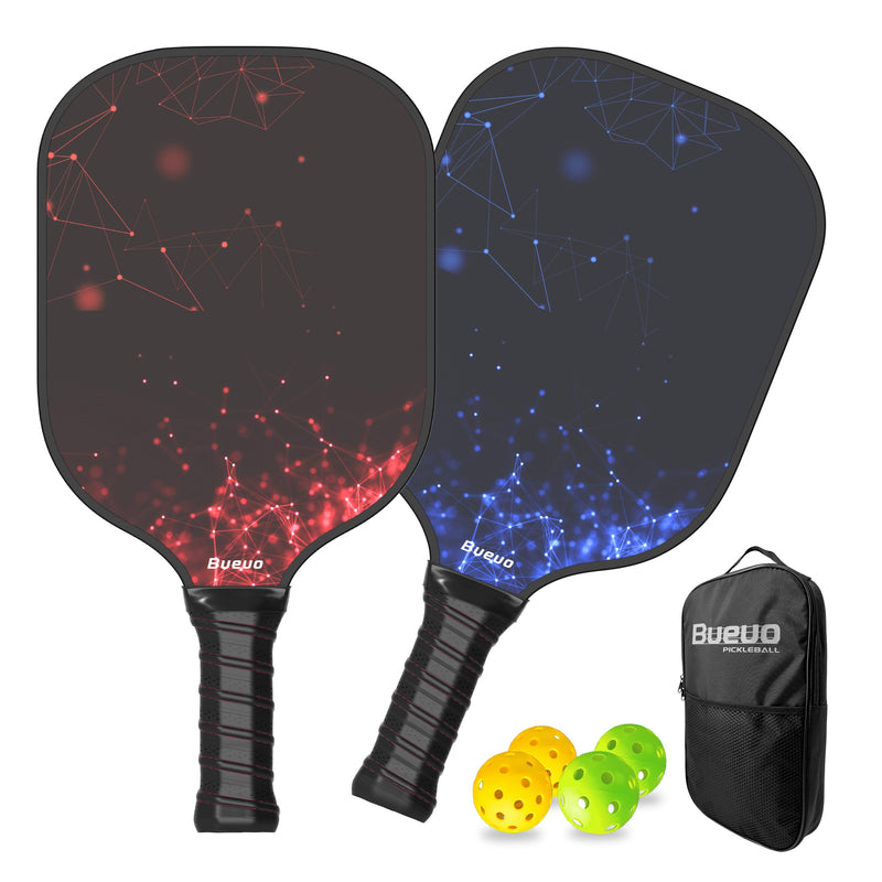 Bueuo Pickleball Paddles Set of 2 – Fiberglass & Honeycomb Core, 2 Paddles, 4 Balls & Bag (Black)