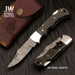 JW SteelCrafts Handmade Damascus Folding Knife — Ram Horn or American Flag Handle