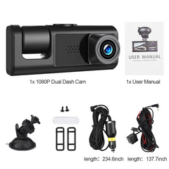 Car dash cam set with camera, user manual, accessories on a white background