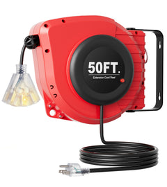 Retractable Extension Reel 50FT Heavy Duty 14AWG/3C SJTOW Power Cord with Triple Tap Outlet 13 Amp Circuit Breaker 180° Swivel Bracket Wall/Ceiling Mounted for Garage Workshop (50FT-Lighted Outlet)