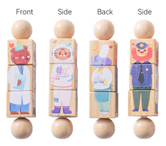 Set of wooden blocks with character illustrations on a white background
