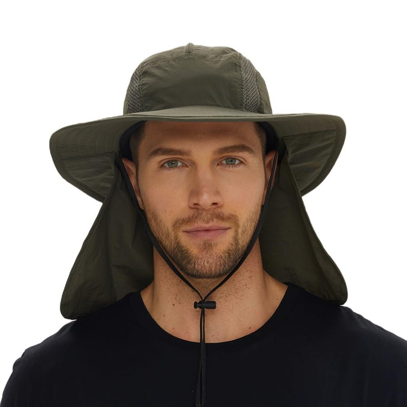 Man wearing a green wide-brimmed hat with neck flap on a white background