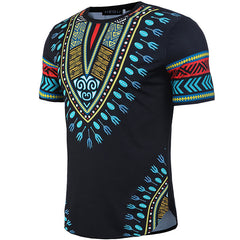 Black t-shirt with colorful African Dashiki pattern on a white background