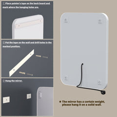 Instructions for hanging a mirror on a wall with text and diagram.