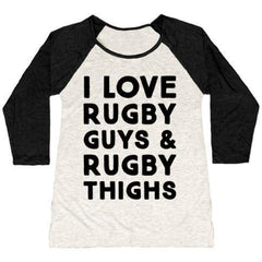 I LOVE RUGBY GUYS & RUGBY THIGHS WOMEN'S TRI-BLEND BASEBALL TEE