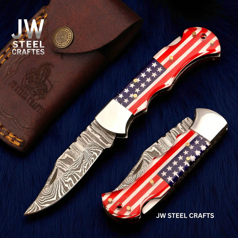JW SteelCrafts Handmade Damascus Folding Knife — Ram Horn or American Flag Handle