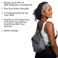 Woman wearing a gray backpack with product features listed on the left.