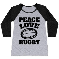 PEACE LOVE RUGBY WOMEN'S TRI-BLEND BASEBALL TEE
