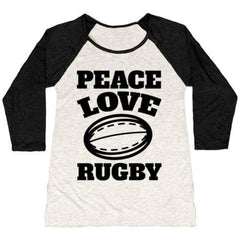 PEACE LOVE RUGBY WOMEN'S TRI-BLEND BASEBALL TEE