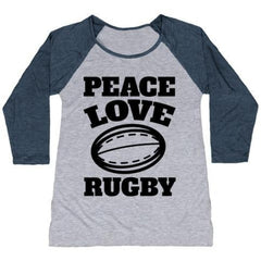 PEACE LOVE RUGBY WOMEN'S TRI-BLEND BASEBALL TEE