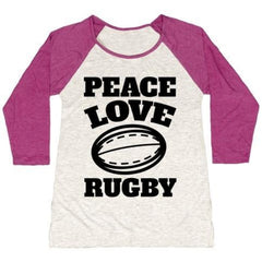 PEACE LOVE RUGBY WOMEN'S TRI-BLEND BASEBALL TEE
