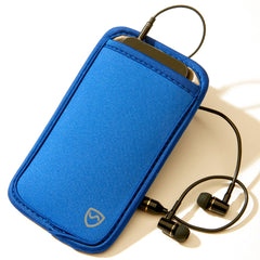 Blue phone case with earbuds on a white background