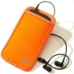 Orange phone case with earbuds on a white background