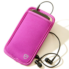 Pink phone case with earbuds on a white background