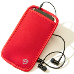 Red phone case with earbuds on a white background