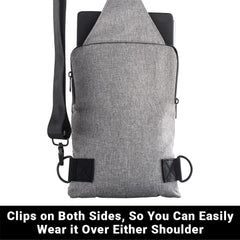 Gray sling bag with clips on both sides on a white background