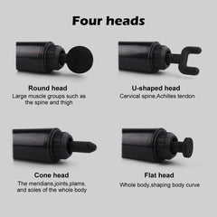 Four different massage head attachments on a gray background with labels.