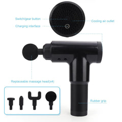 Black massage gun with interchangeable heads on a white background