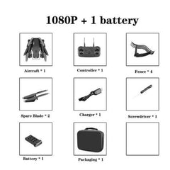 List of items included with a 1080P camera system, including aircraft, controller, fence, spare blade, charger, screwdriver, battery, and packaging.