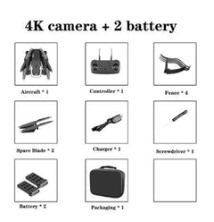 List of items included with a 4K camera and two batteries, including aircraft, controller, fence, spare blade, charger, screwdriver, and packaging.
