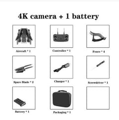 List of items included with a 4K camera and battery, including aircraft, controller, fence, spare blade, charger, screwdriver, and packaging.