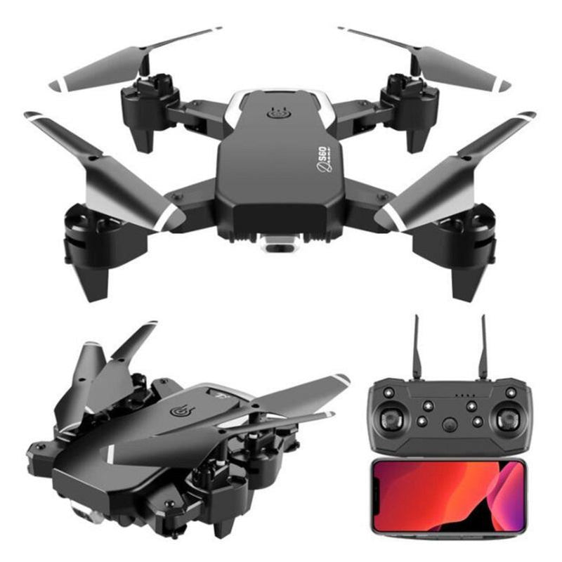 Black drone with remote control and screen on a white background