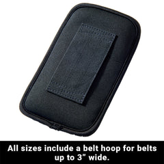 Black tactical pouch with belt hoop feature on a white background