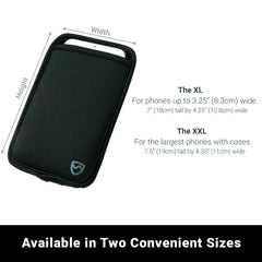 Black phone case with measurements and size information on a white background