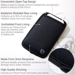 Black phone pouch with features highlighted on a white background