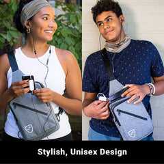 Two people using a gray crossbody bag with a visible brand logo, set against natural and urban backgrounds.